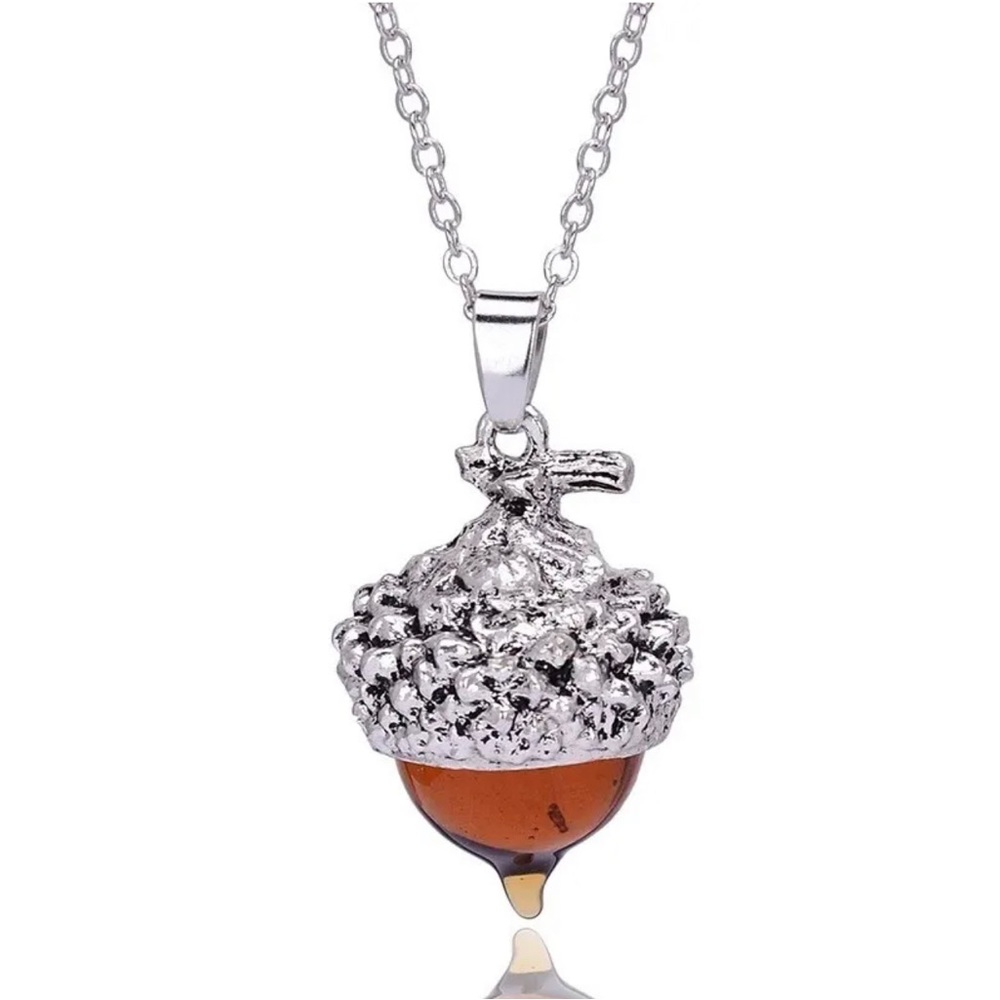 (1) Amber Glass Acorn Necklace Pendant Antique Silver with 32" Long Bead Chain